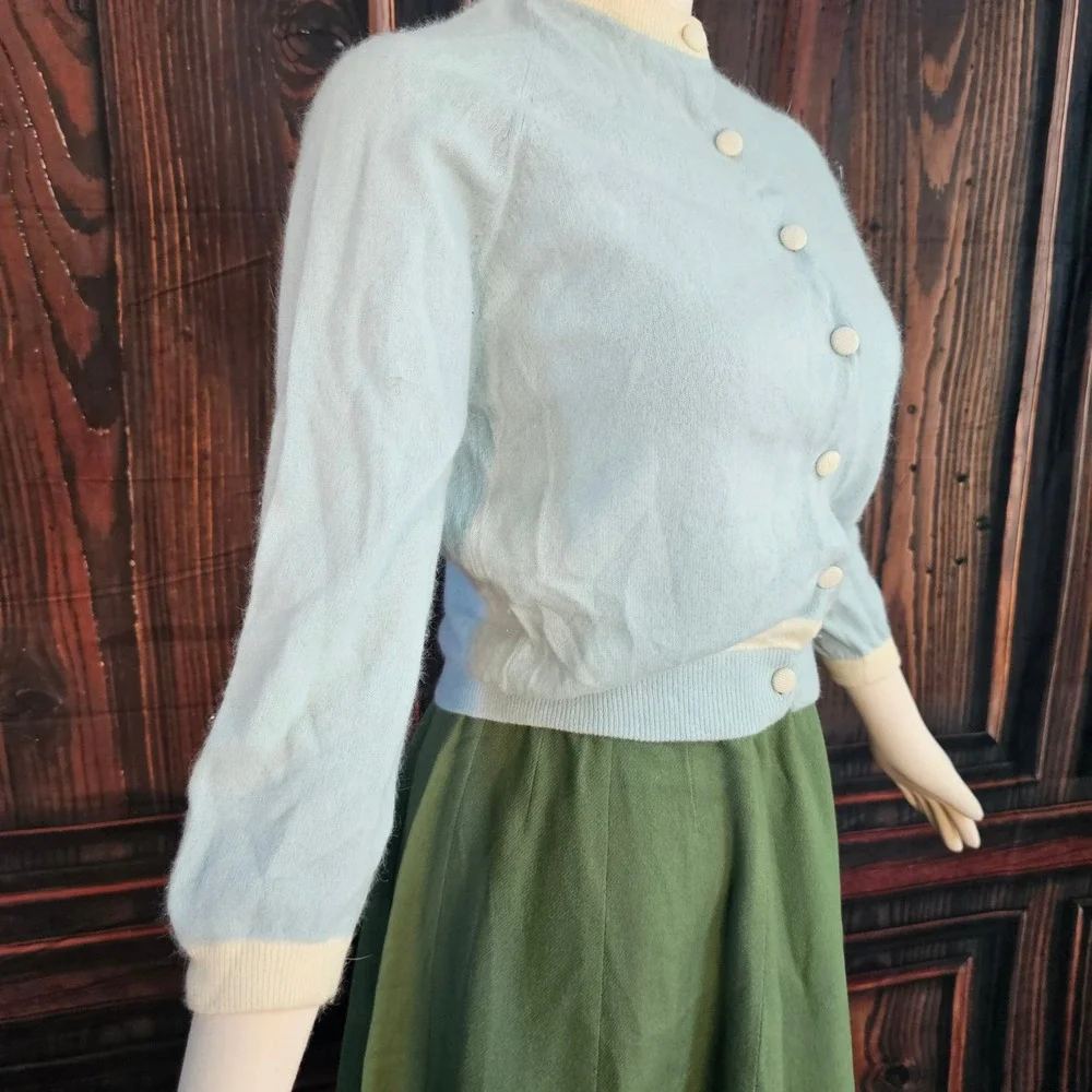 Vintage 1950s Elliot Import Angora Lambswool Cardigan Blue Cream Buttons Pinup
